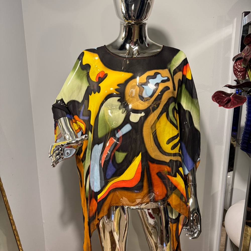 Handmade 100% silk so chic abstract print silk chiffon L/XL women blouse - Picture 4 of 7